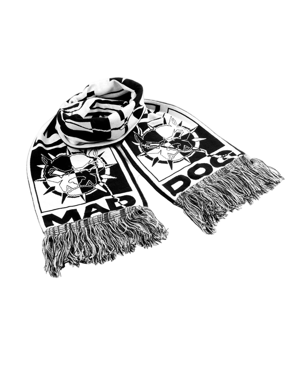 Black and white scarf with logo and text on a white background